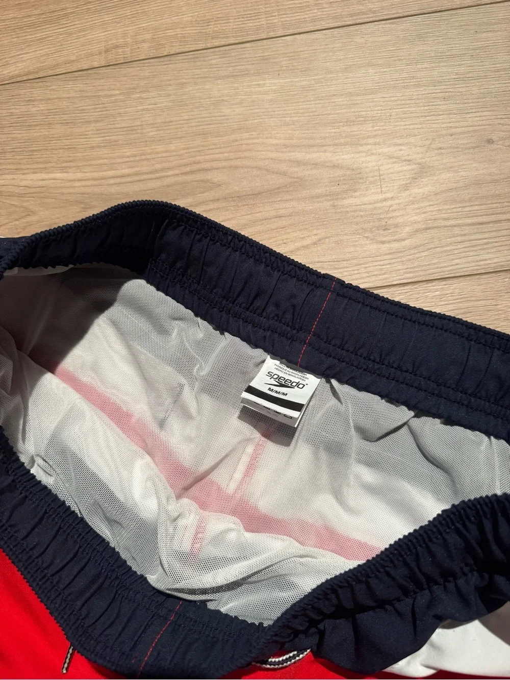 Speedo Red Swim Trunks with Navy Waistband and White Liner